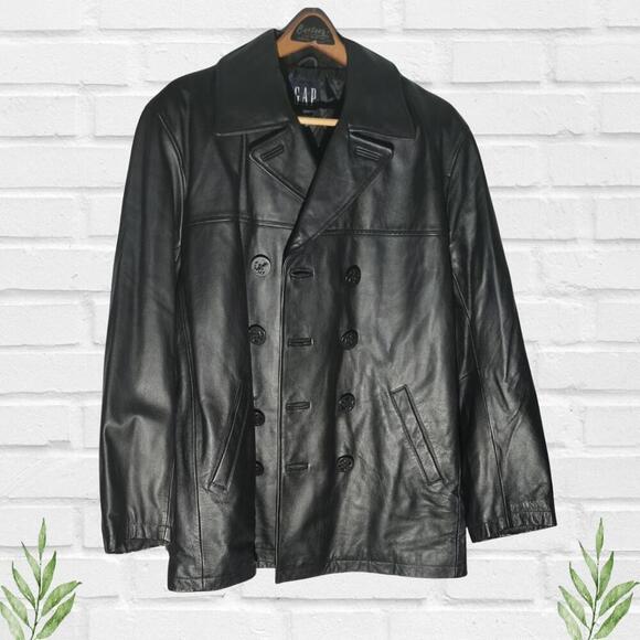 Gap Men or Women's Y2k Black Leather Vintage Peacoat Overcoat Coat Jacket Size M